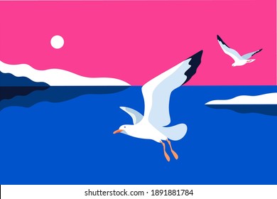 Landscape with gulls. Sea, islands, sky, sun, birds. Vector illustration