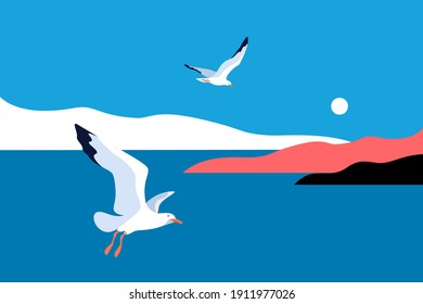 Landscape with gulls. Sea, islands, sky, sun, flaying seagulls. Vector illustration