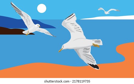 Paisaje con gaviotas. Mar, islas, cielo, sol, gaviotas voladoras. Ilustración del vector
