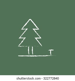 Landscape hand drawn in chalk on a blackboard vector white icon isolated on a green background.