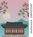 Landscape with Hanok, Pine Tree, and Swallow