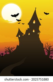 Landscape of a haunted castle surrounded by a forest and a cemetery with bats flying in the sky with the moon
