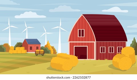 Landscape with haystack. Countryside and farming, hay in barn. Rural landscape and panorama, autumn or summer season and harvest. Buildings with white windmills. Cartoon flat vector illustration