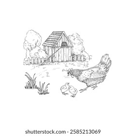 Landscape with a hen, chicks on the background of trees, bushes and a chicken coop. Vector illustration drawn with ink by hand. Sketch scene of a farm.
