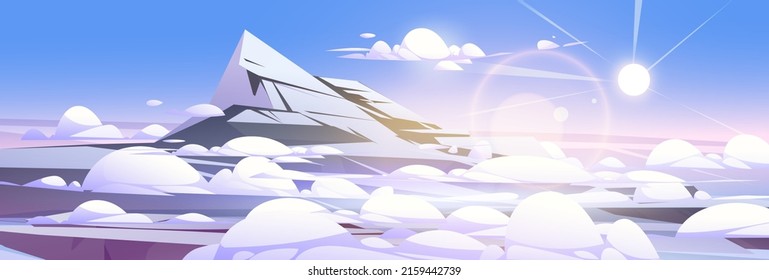 Landscape of high mountain top with snow and ice. Vector cartoon illustration of rock range peak above white soft clouds and bright sun in blue sky. Mountain summit winter scene