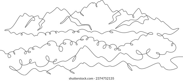 Landscape of high mountains. Beautiful view. Clouds in the mountains. Mountain peaks in the clouds.One continuous line. Linear. Hand drawn, white background