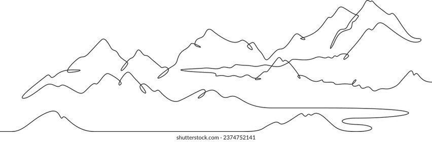 Landscape of high mountains. Beautiful view. Clouds in the mountains. Mountain peaks in the clouds.One continuous line. Linear. Hand drawn, white background