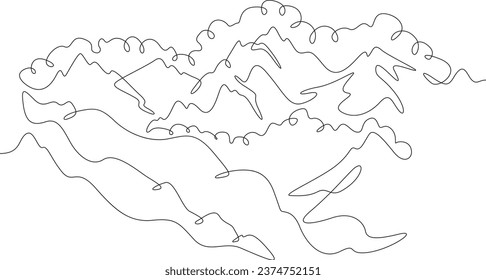 Landscape of high mountains. Beautiful view. Clouds in the mountains. Mountain peaks in the clouds.One continuous line. Linear. Hand drawn, white background