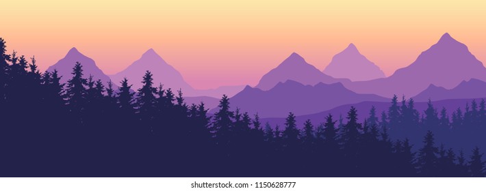 Landscape with high mountains and coniferous forest in multiple layers, under yellow purple sky and space for text - vector