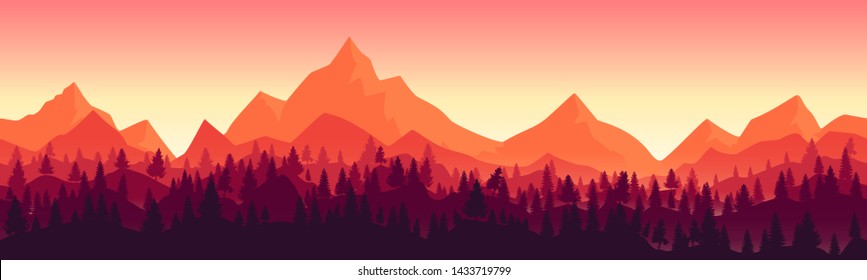 Landscape with high mountains and coniferous forest in multiple layers. Stock vector illustration. EPS 10. Panoramic background with forest viewю