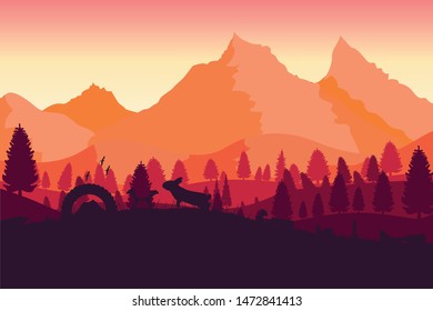 landscape with high mountains and a forest on a background of garbage. Vector illustration
Flat design. The sun sets over the mountains.