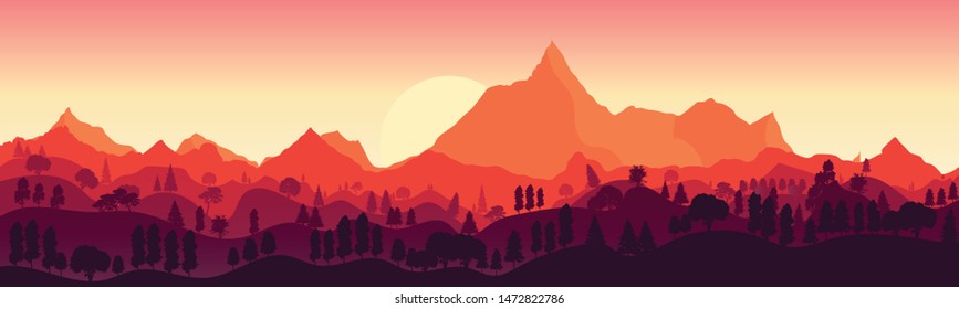 landscape with high mountains and forest in several layers in evening in warm tone. Vector illustration. 
Flat design. The sun sets over the mountains.