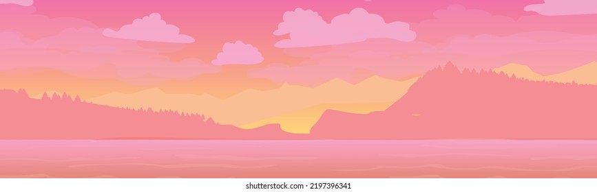 landscape with high mountains and forest in several layers in the evening vector illustration. flat design.