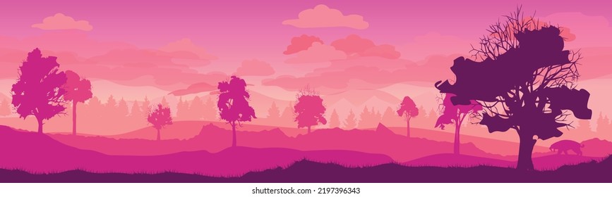 landscape with high mountains and forest in several layers in the evening vector illustration. flat design.