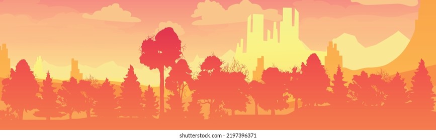 landscape with high mountains and forest in several layers in the evening vector illustration. flat design.
