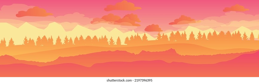 landscape with high mountains and forest in several layers in the evening vector illustration. flat design.