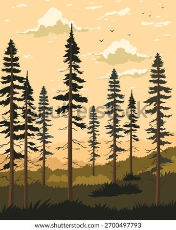 Landscape with high pine , hills, grass, sky with clouds and  birds. Vector llustration.