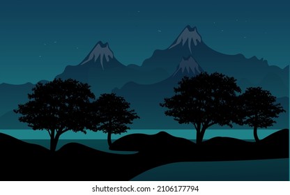landscape the highest mountains at night dotted with stars and the lake below the valley. vector panorama
