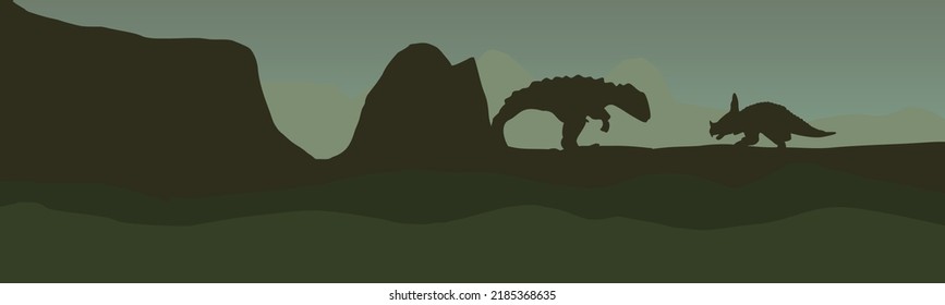 Landscape of highlands with silhouette of dinosaurs. Vector