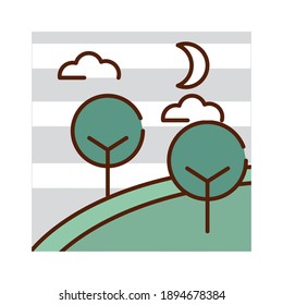 paisajistas de las colinas de los bosques de la luna de la noche de la luna dibujos animados, ilustración vectorial línea rellena de colores planos