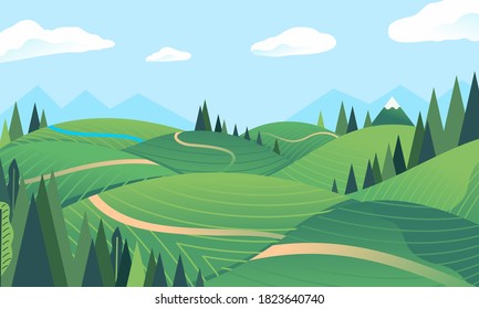 landscape hill, mountain in the background, forest, green field, small river vector illustration. used for poster, banner, web image and other.