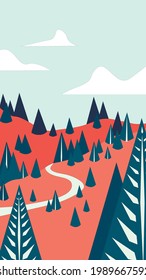 Landscape hill mountain vector illustration with pine trees pink blue  colors 
