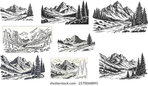 landscape, hill, nature, art, design, mountain, illustration, outdoor, peak, abstract, black, graphic, background, view, alpine, print, vector, minimalist, modern, minimal, scenery, icon, silhouette, 