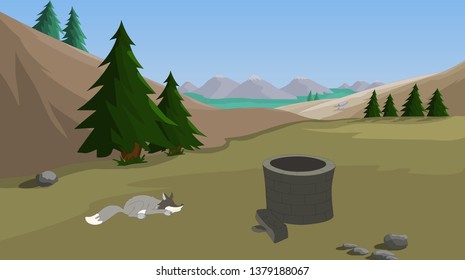 landscape hill vector of green .Vector illustration of beautiful fields landscape with a dawn, hills, bright color blue sky, background in flat cartoon style