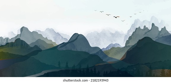 Colinas paisajísticas fondo de pintura acuarela de arte abstracto con pájaros volando en la cordillera, pinturas de paisaje vectorial banner para el diseño de la decoración, papel de pared, ilustración, tela