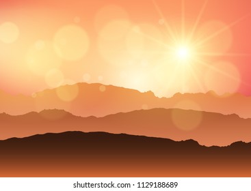 Landscape of hills against a sunset sky