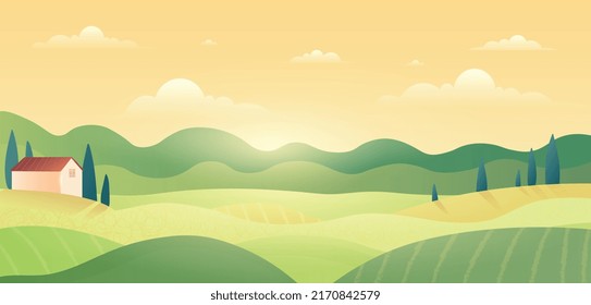 Landscape with hills. Beautiful countryside, house and private area. Stylish wallpaper for computer or phone. Nature and wild life on warm summer or spring day. Cartoon flat vector illustration