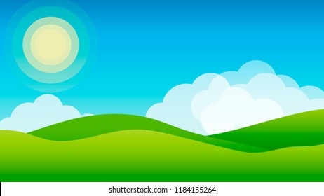 Landscape with hills, clouds and sun. Scenery vector illustration.