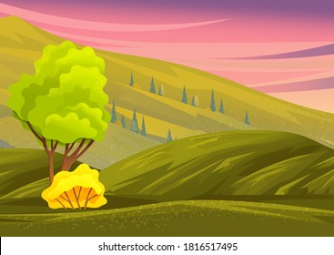 Landscape with hills, green meadow, bushes and evening cloudy sky. Green bright tree with a lush crown, thick brown trunk and branches in a natural landscape. Big plant with foliage round shape