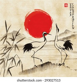 Landscape with hills, lake, sun and storks in traditional japanese sumi-e style on vintage watercolor background. Vector illustration. Hieroglyph "stork"