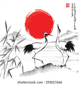 Landscape with hills, lake, sun and storks in traditional japanese sumi-e style. Vector illustration. Hieroglyph "stork"