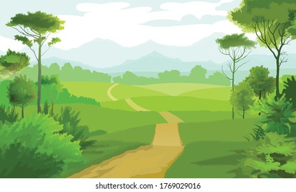 Landscape with hills, meadows and trees. Road. On the horizon of the mountains, the sky with clouds. Fields and pastures. Countryside. Rural. Vector illustration.	