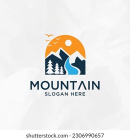 Landscape Hills minimalist, Mountain logo with trees and road vector template.