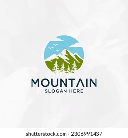 Landscape Hills minimalist, Mountain logo with trees vector template.