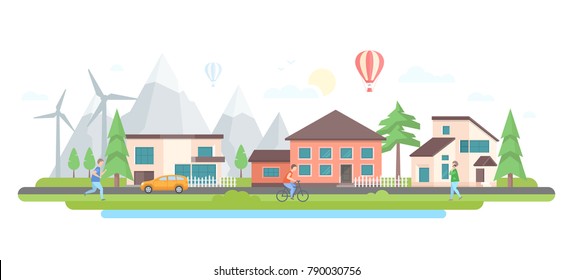 Paisaje con colinas - moderna ilustración vectorial de diseño plano sobre fondo blanco. Bonito complejo de viviendas con pequeños edificios, árboles, montañas, molinos de viento, coche en la carretera, globo de aire caliente