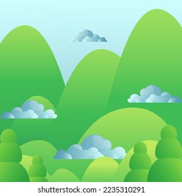 landscape with hills, mountain and blue sky