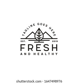 Landscape Hills Mountain Peaks with Natural Fresh Tree Leaf Vector logo design