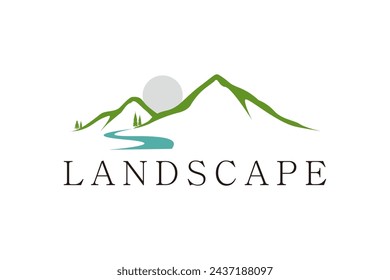  Landscape Hills, Mountain Peaks River Creek Simple logo design Vector