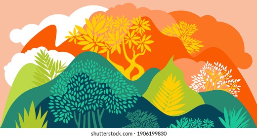 Landscape with hills, mountains and forests with broad-leaved trees. Conservation of the environment, national parks. Vector illustration. 