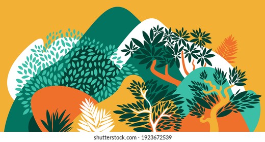 Landscape with hills, mountains and forests with broad-leaved trees. Conservation of the environment, national parks. Vector illustration. 