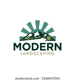landscape hills and mountains sunrise with pine trees and river creek simple logo design inspiration