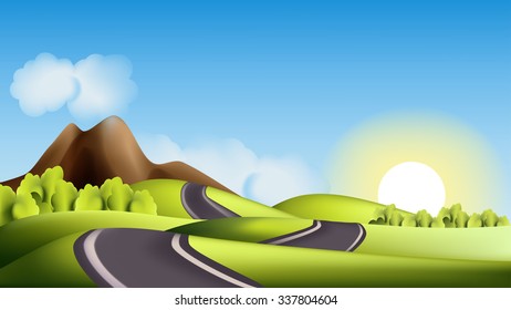 Landscape with hills, road and sun
