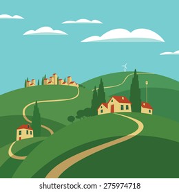 landscape with hills, roads and settlements
