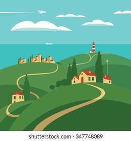landscape with hills, roads and settlements, lighthouse and sea