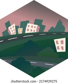 Landscape with hills and shrubs. The city is far away. Automobile road. Hexagonal vector illustration. Sticker, background, banner, place for text