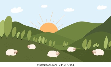 Landscape with hills, sunrise and sheeps - cartoon flat vector illustration. Hand drawn meadow with pasture. Green mountains. Countryside scenery.